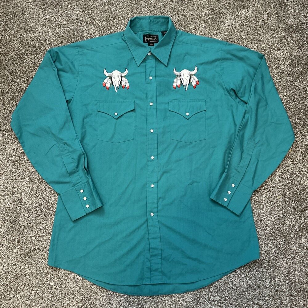 VTG High Noon Pearl Snap Western Shirt Men's Large Cow Skull Embroidered Green
